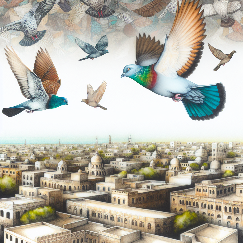 A group of birds flying over a cityscape
